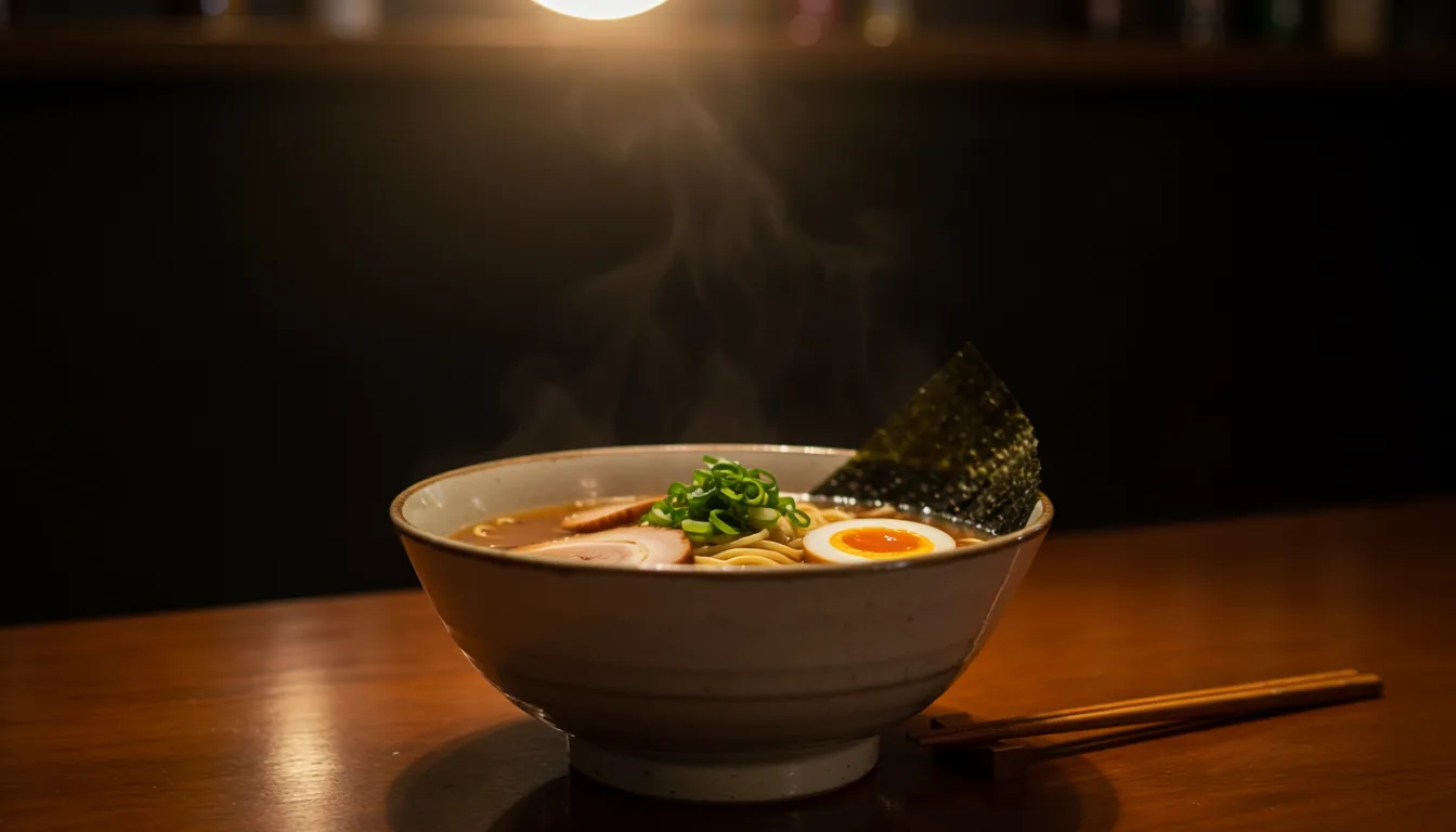 暗い店内の木のカウンターに置かれた、湯気の立つ醤油ラーメンと箸