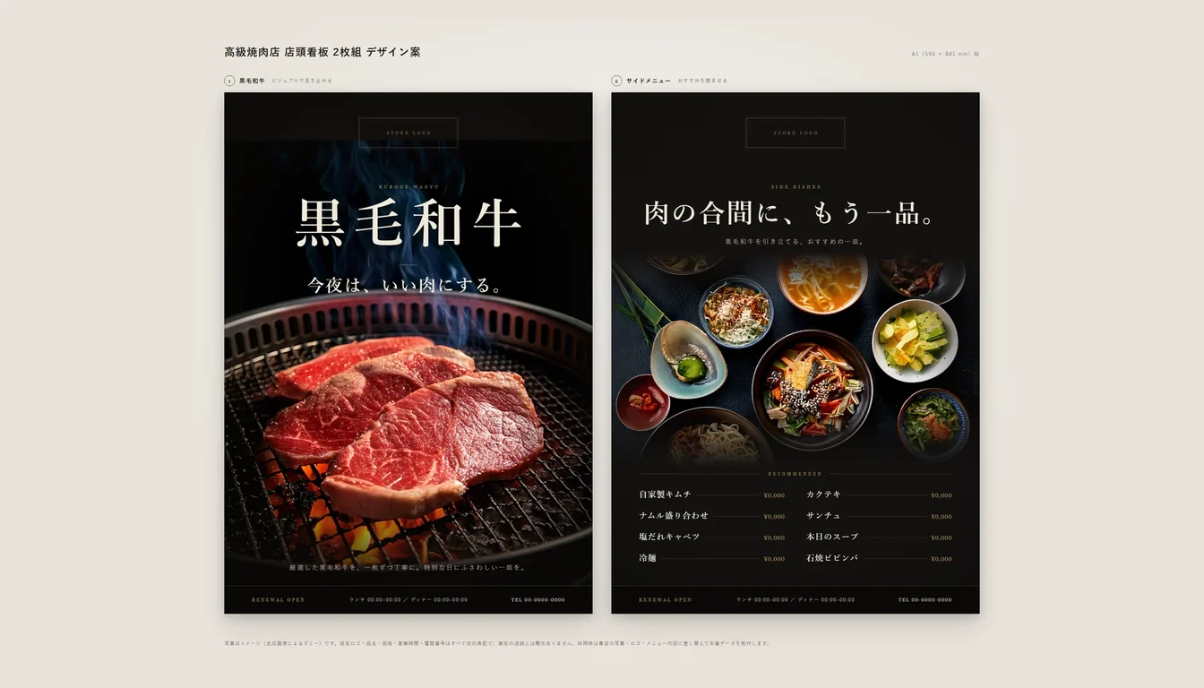 制作サンプル：高級焼肉店の店頭看板 2枚組のデザイン案（黒毛和牛の看板と、サイドメニューの看板）