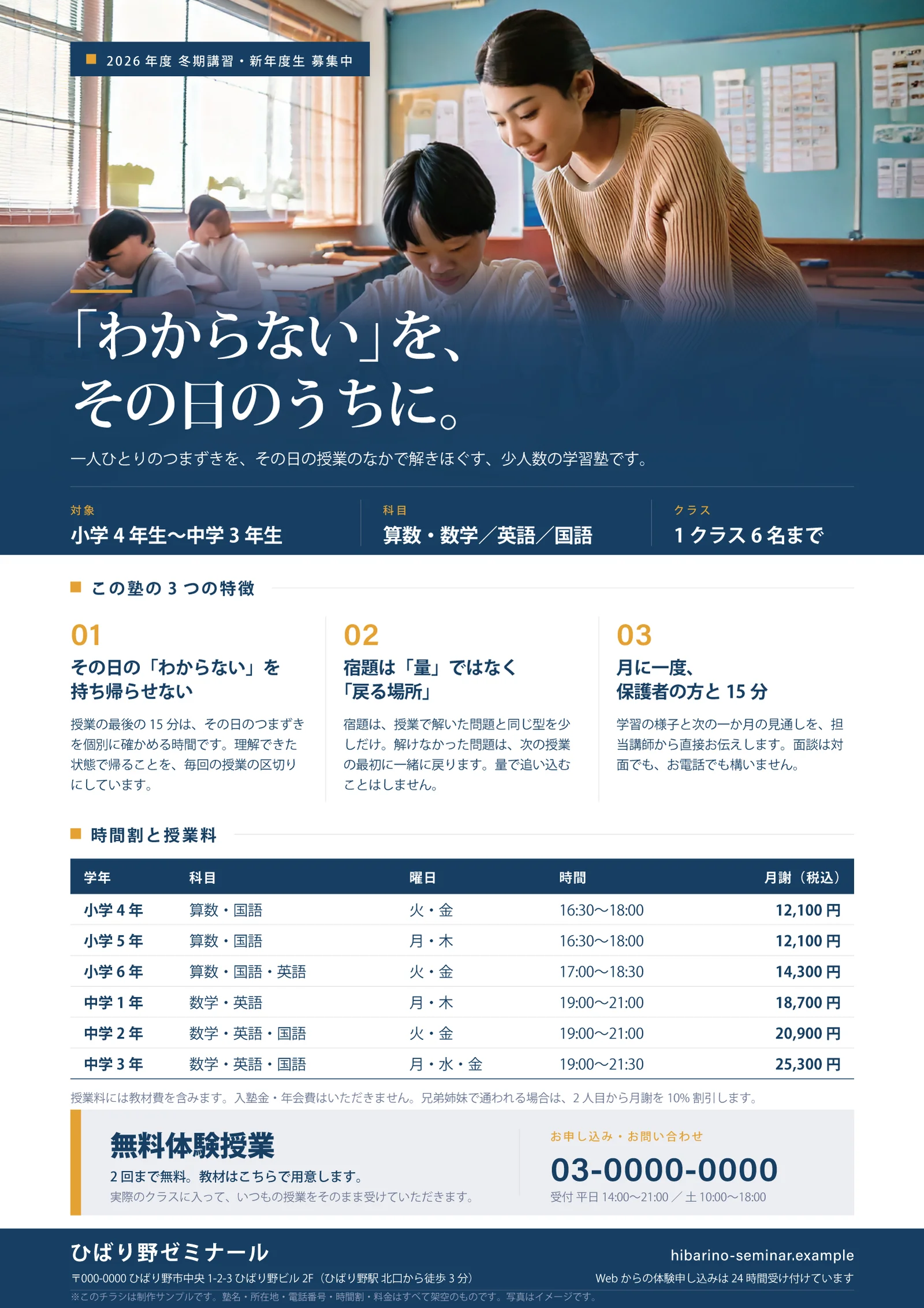 学習塾の生徒募集チラシのサンプル。キャッチコピー、指導の特徴、時間割と授業料の表、体験授業の案内を1枚にまとめている