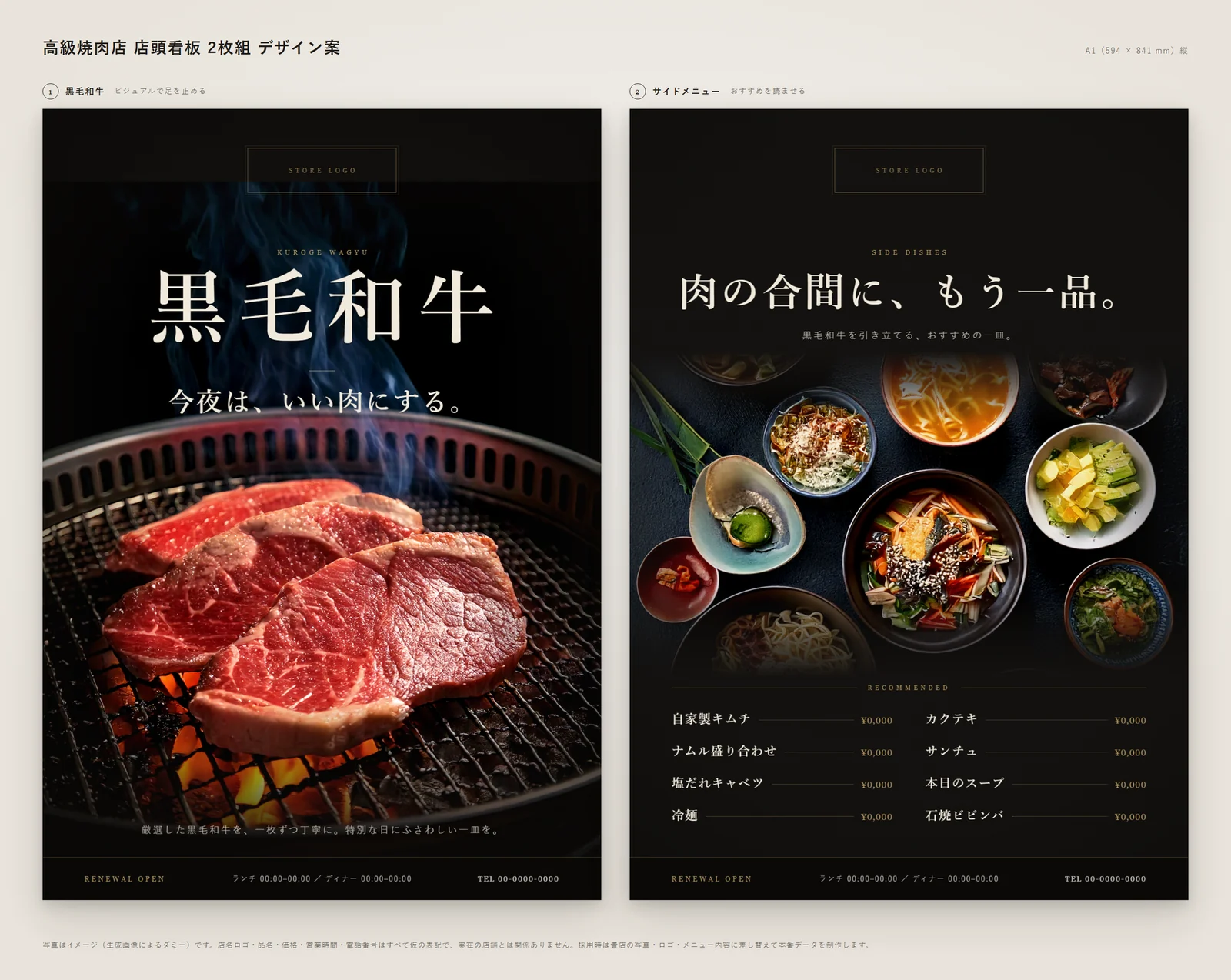 飲食店の店頭看板2枚組のサンプル。1枚目は肉のビジュアルで足を止め、2枚目はサイドメニューを読ませる構成