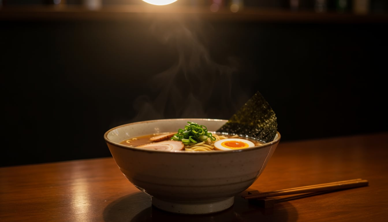 湯気の立つ中華そば。澄んだ醤油スープに、味玉とチャーシューと海苔