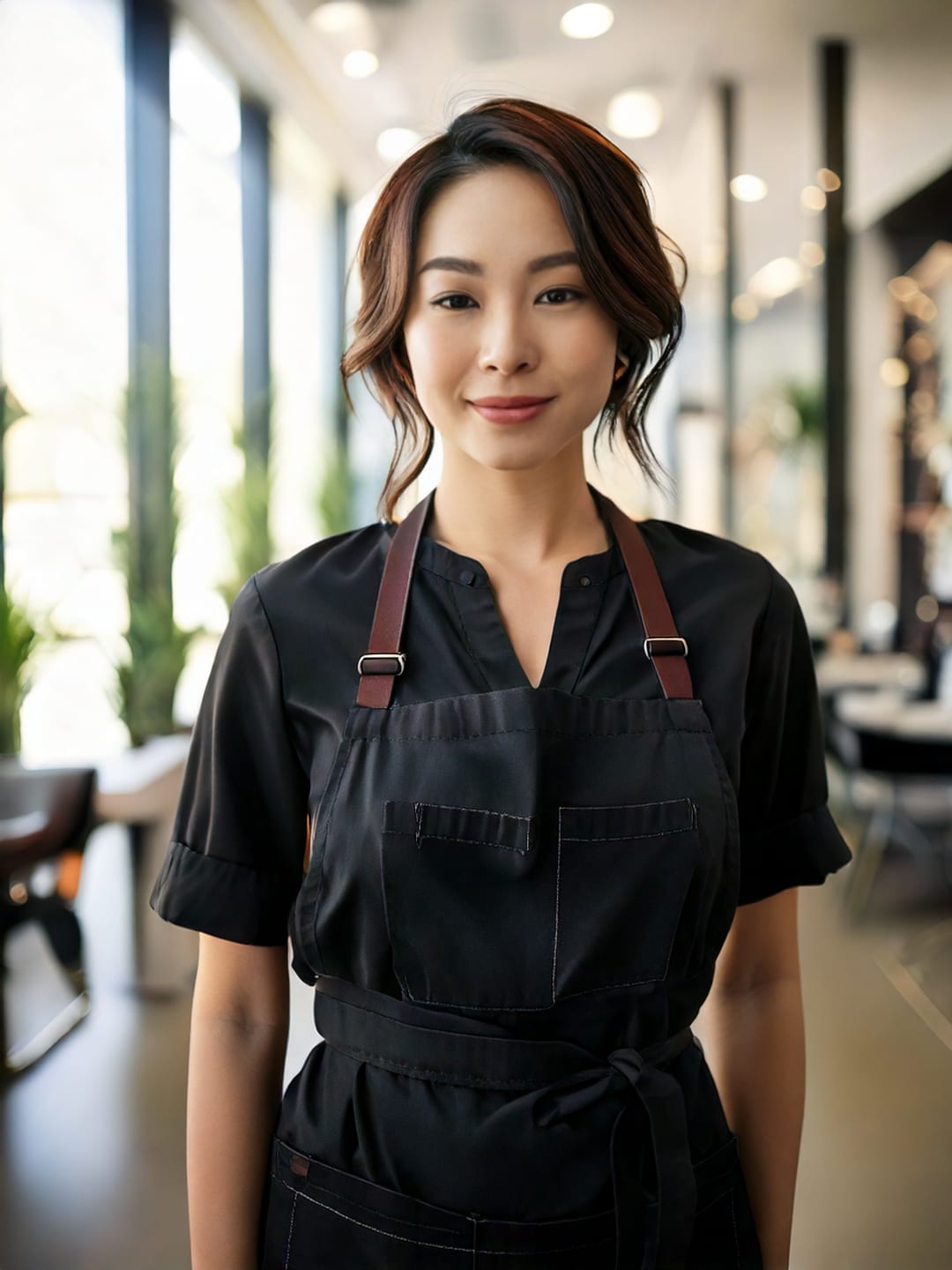 黒いエプロンをつけた30代の女性美容師が、明るい店内で立っている