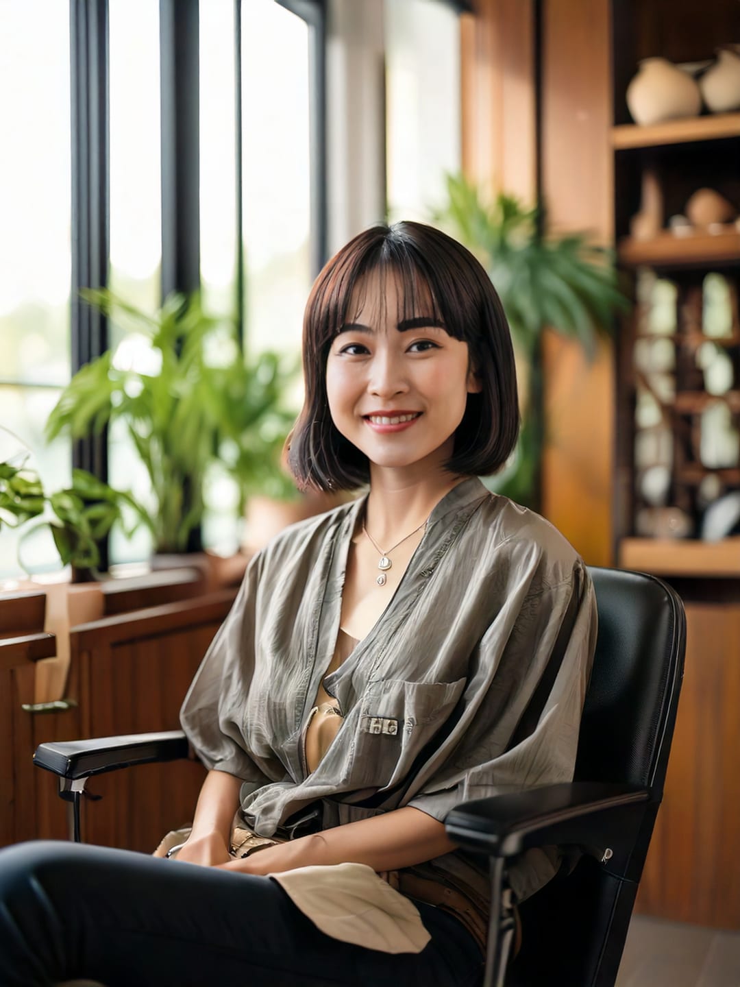 施術を終えた30代の女性が、窓際の椅子に座って笑っている。あごの長さのボブ